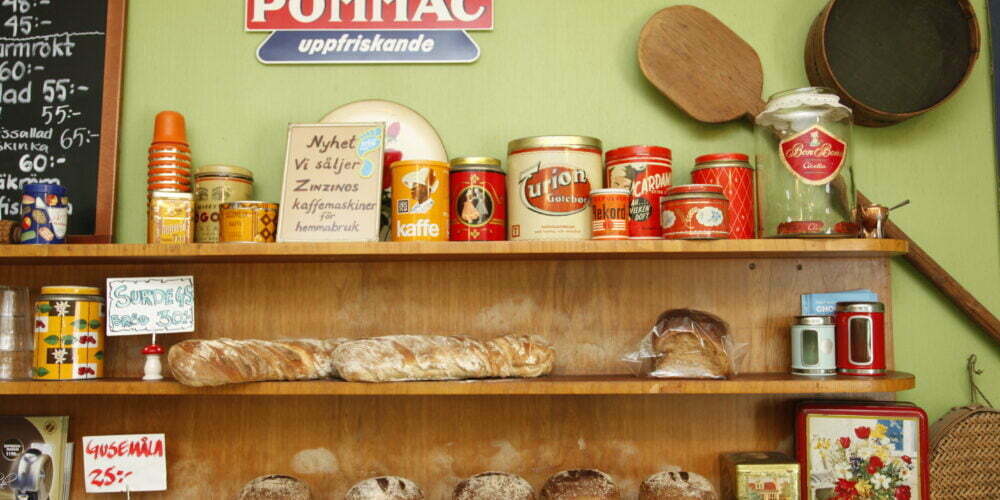 Shelves with things and bread at Konditori Fenix, Emmaboda, Glasriket