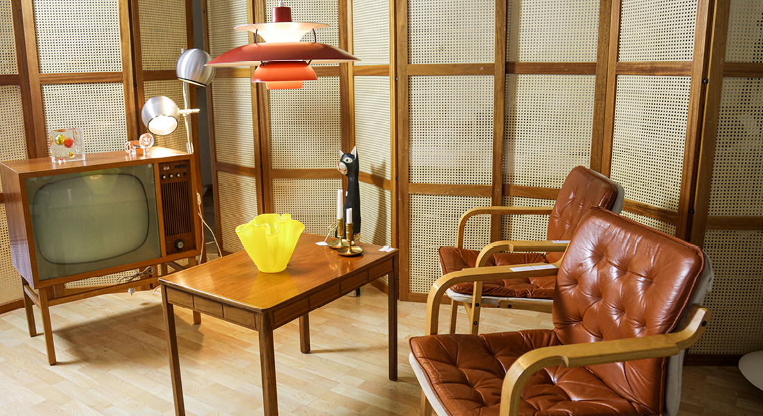 Furniture from Retro Trade Scandinavia in the Kingdom of Glass. Armchairs, table and old TV.