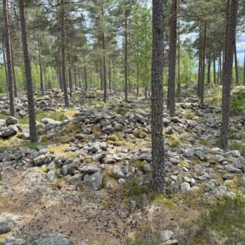 Mängder med ihopsamlade stenar efter ett järnvägsbygge. Stensträngar i Gullaskruv i Glasriket.